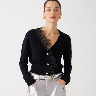 J.Crew + Feather-Trim Cropped Cardigan Sweater With Jewel Buttons