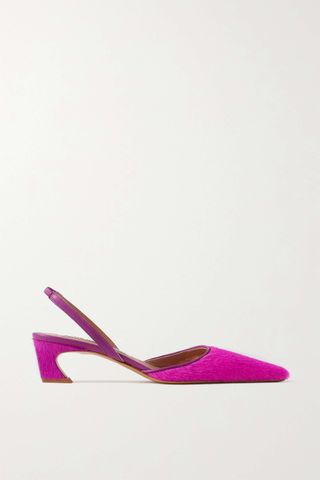 Acne Studios + Leather-Trimmed Calf Hair Slingback Pumps in Magenta