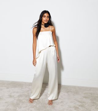 New Look + Cream Satin Tailored Wide Leg Trousers