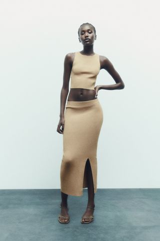 Zara + Metallic Thread Knit Midi Skirt