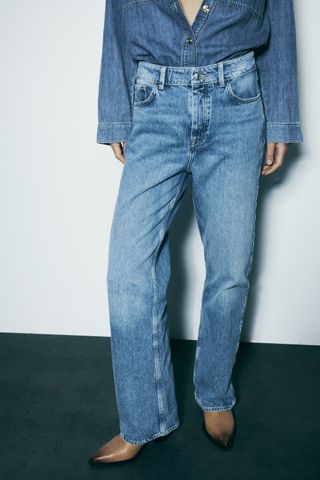 Zara + 1975 High Rise Long Length Straight Cut Jeans