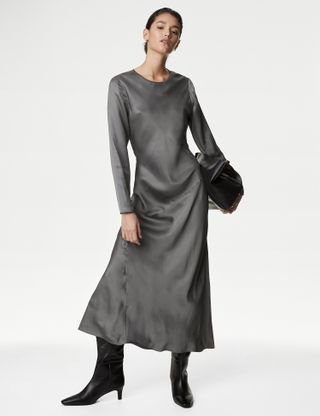 Marks and Spencer + Satin Round Neck Midaxi Waisted Dress