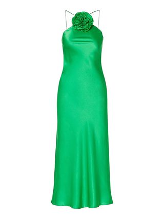 Rodarte + Green Silk Satin Halter Gown With Silk Flower, Green