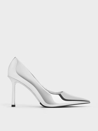 Charles & Keith + Silver Metallic Patent Pointed-Toe Stiletto Heels