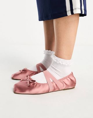 ASOS Design + Los Angeles Ruched Ballet Flats With Elastic Strap in Rose