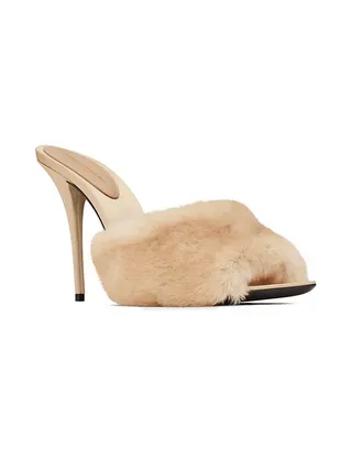 Saint Laurent + La 16 Heeled Mules in Animal-Free Fur and Smooth Leather