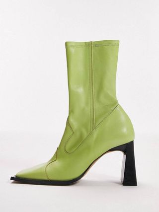 Topshop + Hudson Premium Leather Heeled Western Boot in Lime