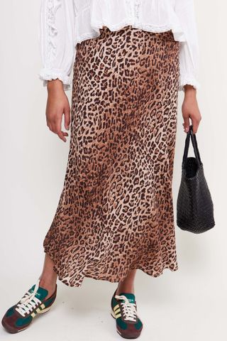 Rixo + Kelly Silk-Mix Midi Skirt in Leopard