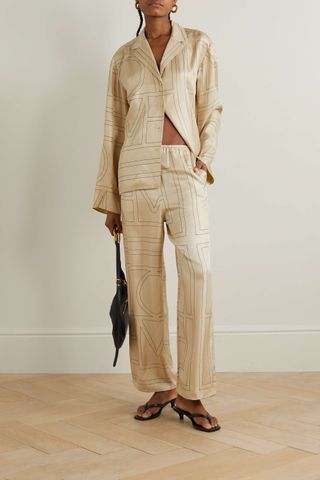 Toteme + Embroidered Silk-Twill Wide-Leg Pants