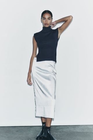Zara + Sleeveless High Collar Top Side Vents at Hem