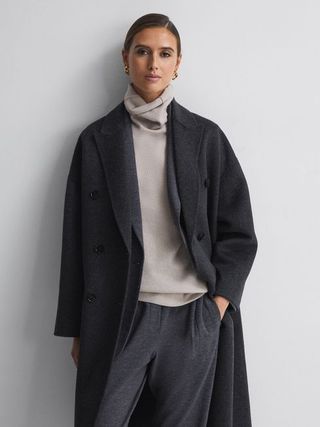Reiss + Charcoal Layah Petite Relaxed Wool Blend Double Breasted Coat