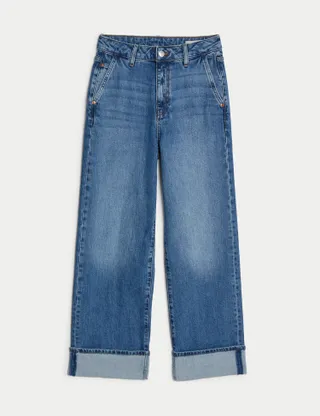 M&S Collection + High Waisted Slim Wide Leg Turn Up Jeans in Medium Indigo