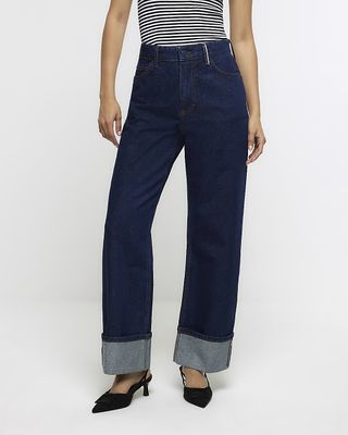 River Island + Blue High Waisted Wide Leg Turn Up Jeans