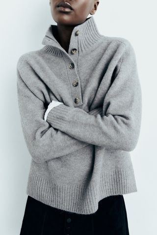 Zara + Buttoned High Collar Knit Sweater