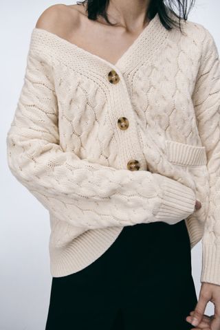Zara + Wool Blend Cable Knit Cardigan