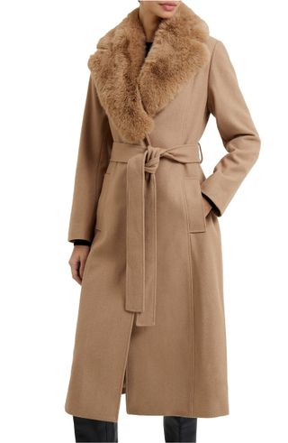French Connection + Favan Belted Wool Blend Coat With Faux Fur Collar