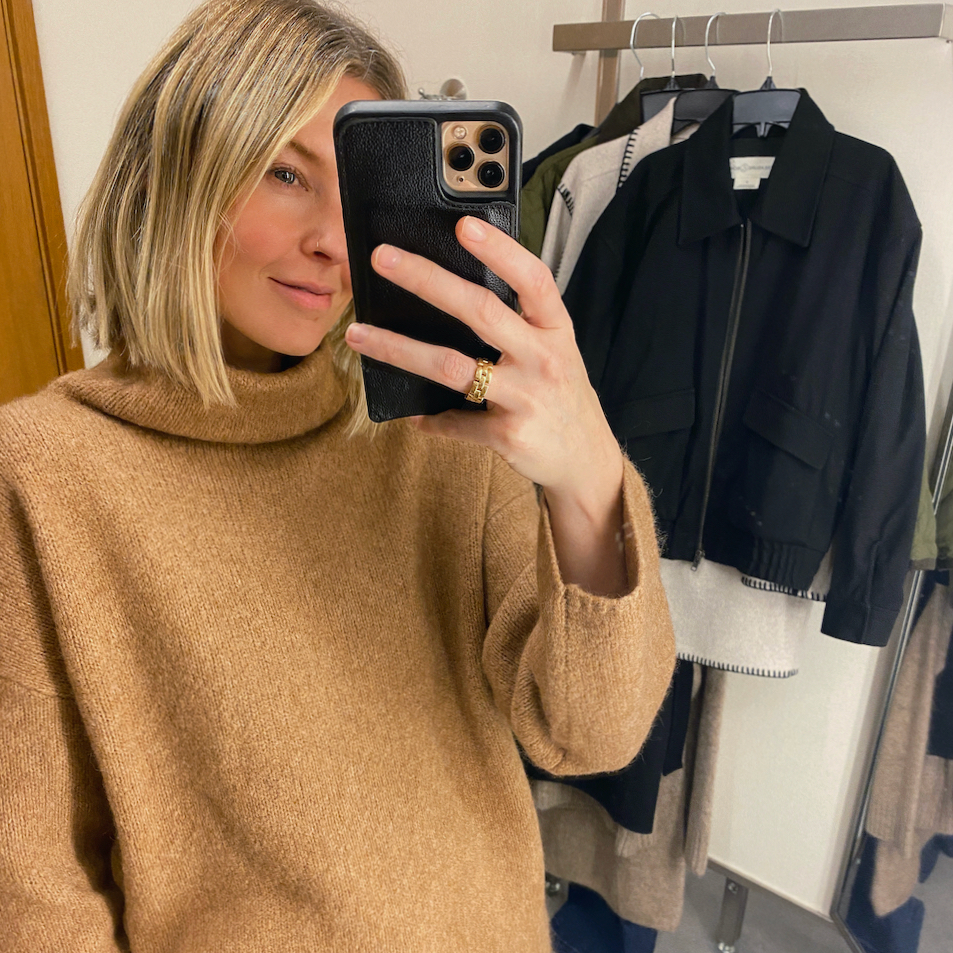 Cozy Cashmere Blend Johnny Collar Sweater in Camel