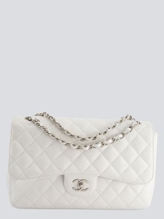 Chanel + White Jumbo Classic Double Flap Bag in Caviar Leather With Silver Hardware