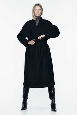 Zara + Long Belted Wool-Blend Coat