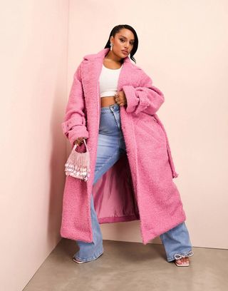 Asos + Luxe Curve Borg Long Line Trench Coat With Belted Waist in Pink
