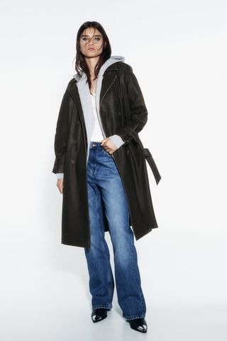 Zara + Distressed Faux leather Trench Coat