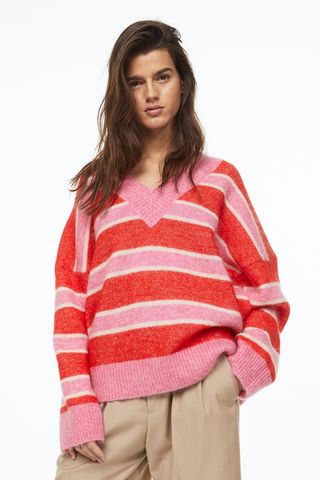 H&M + Oversized Mohair-Blend Jumper in Pink/Striped