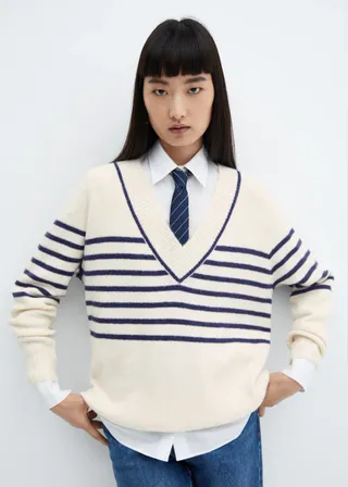 Mango + V-Neck Striped Sweater