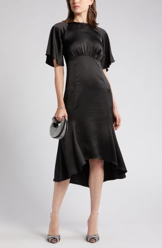 Chelsea28 + Flutter Sleeve High-Low Satin Midi Dress