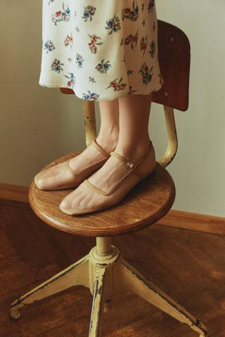 Lookie Atelier + Nude Mesh Flat Mary Janes with Square Closed Toe and Leather Insole