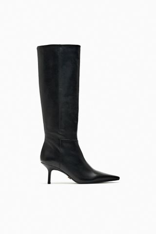 Zara + Fine Pointed Toe-Heeled Leather Knee-High Boots