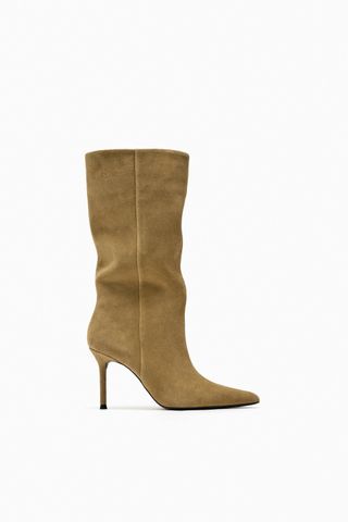 Zara + Heeled Mid-Calf Suede Boots