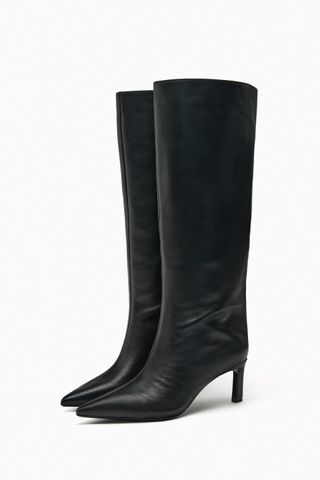 Zara + Heeled Leather Knee High Boots