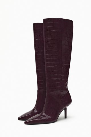 Zara + Mock Croc Knee High Heeled Boots