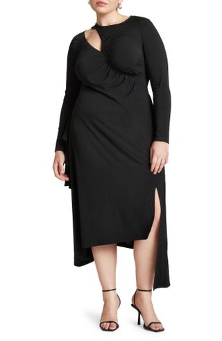Eloquii + Long Sleeve Asymmetric Hem Cutout Midi Dress