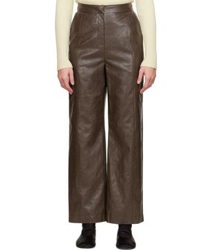 Lvir + Brown Grained Faux-Leather Pants