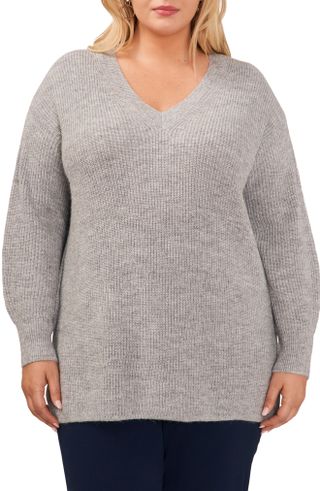 Halogen + Sparkle Side Slit V-Neck Sweater