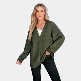 Cupshe + Forest Green V-Neck Buttoned Cardigan