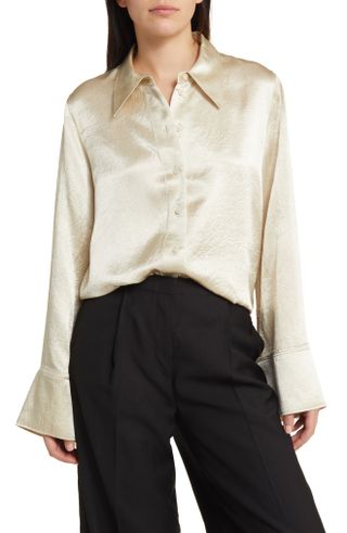 COS + Wide Sleeve Crinkle Satin Button-Up Shirt