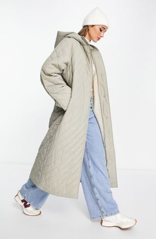 Asos Design + Chevron Quilted Hooded Longline Coat With Fleece Lining
