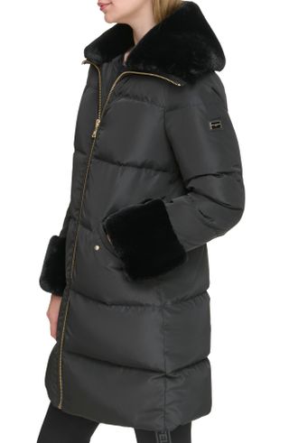 Karl Lagerfeld Paris + Down & Feather Puffer Coat With Faux Fur Trim