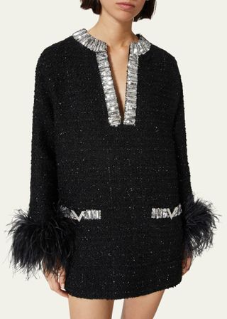 Valentino Garavani + Feather-Cuff Sequined Trim Tunic Mini Dress
