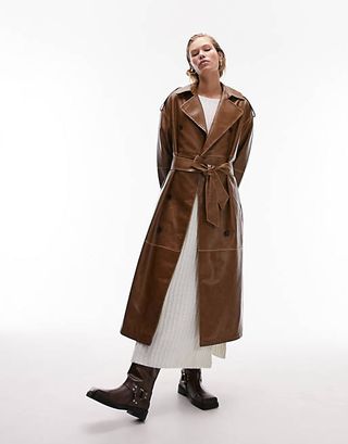 Topshop + Long-Line Washed Faux Leather Trench