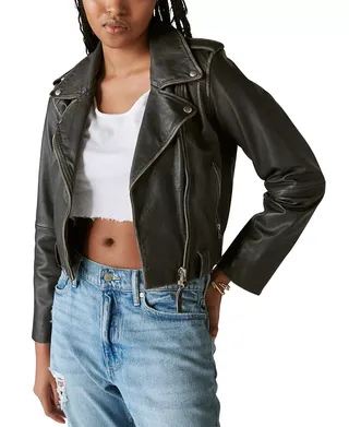 Lucky Brand + Cropped Distressed Leather Moto Jacket