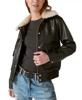 Lucky Brand + Leather Shearling-Collar Bomber Jacket