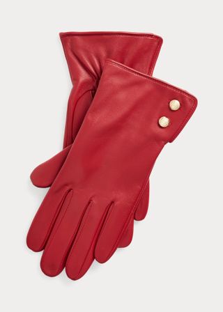 Lauren + Button-Trim Sheepskin Tech Gloves in Martin Red