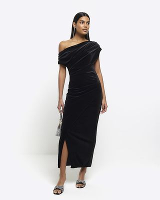 River Island + Black Velvet Asymmetric Bodycon Midi Dress