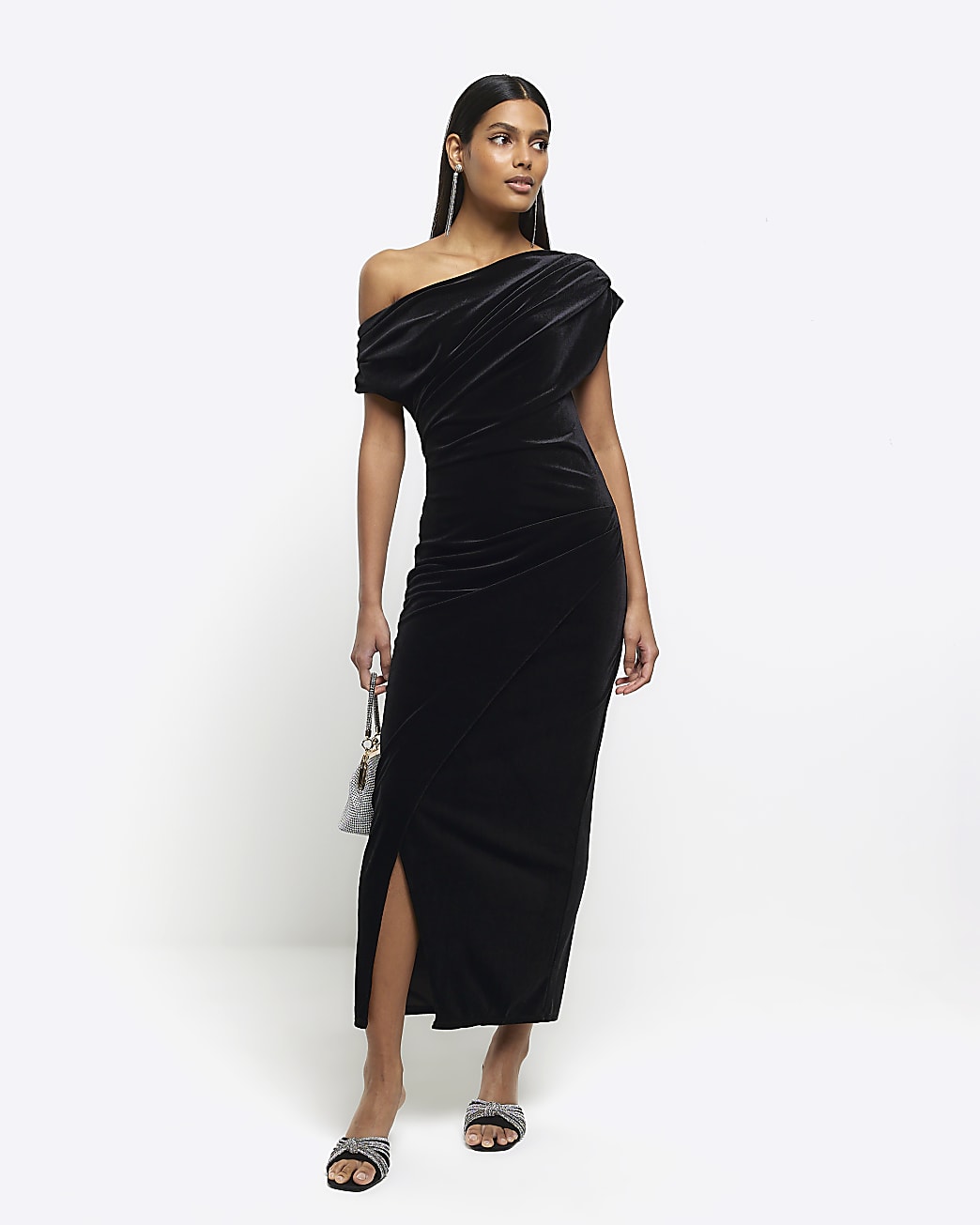 River Island + Black Velvet Asymmetric Bodycon Midi Dress
