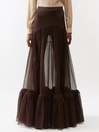 Saint Laurent + Ruffled Silk-Cigaline Maxi Skirt