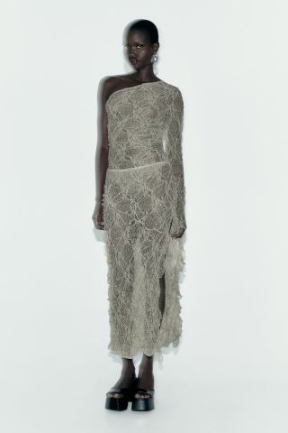 Zara + Ruffled Lace Midi Skirt