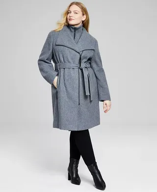Calvin Klein + Plus Size Belted Asymmetric Wrap Coat